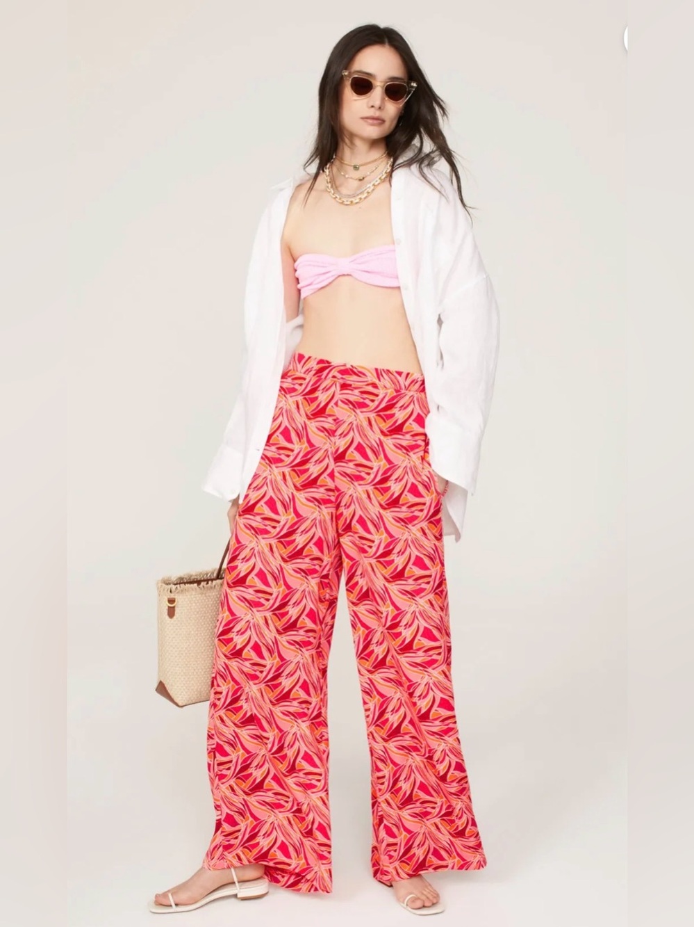 Ashley Park x RTR International Pink Tropical Print Wide-Leg Pants - Picture 1 of 11